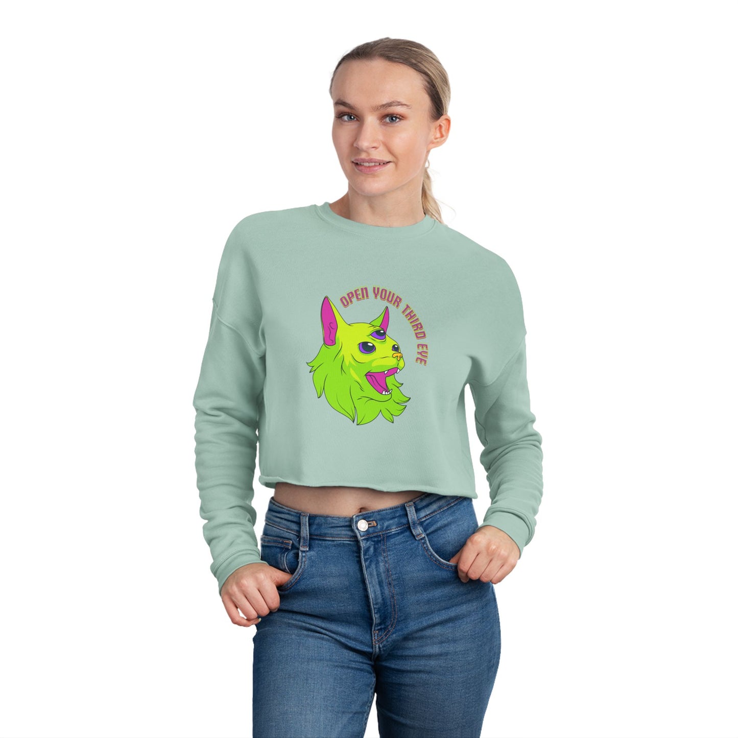 Open Your Third Eye - Alien Cat Cropped Long Sleeve Tee