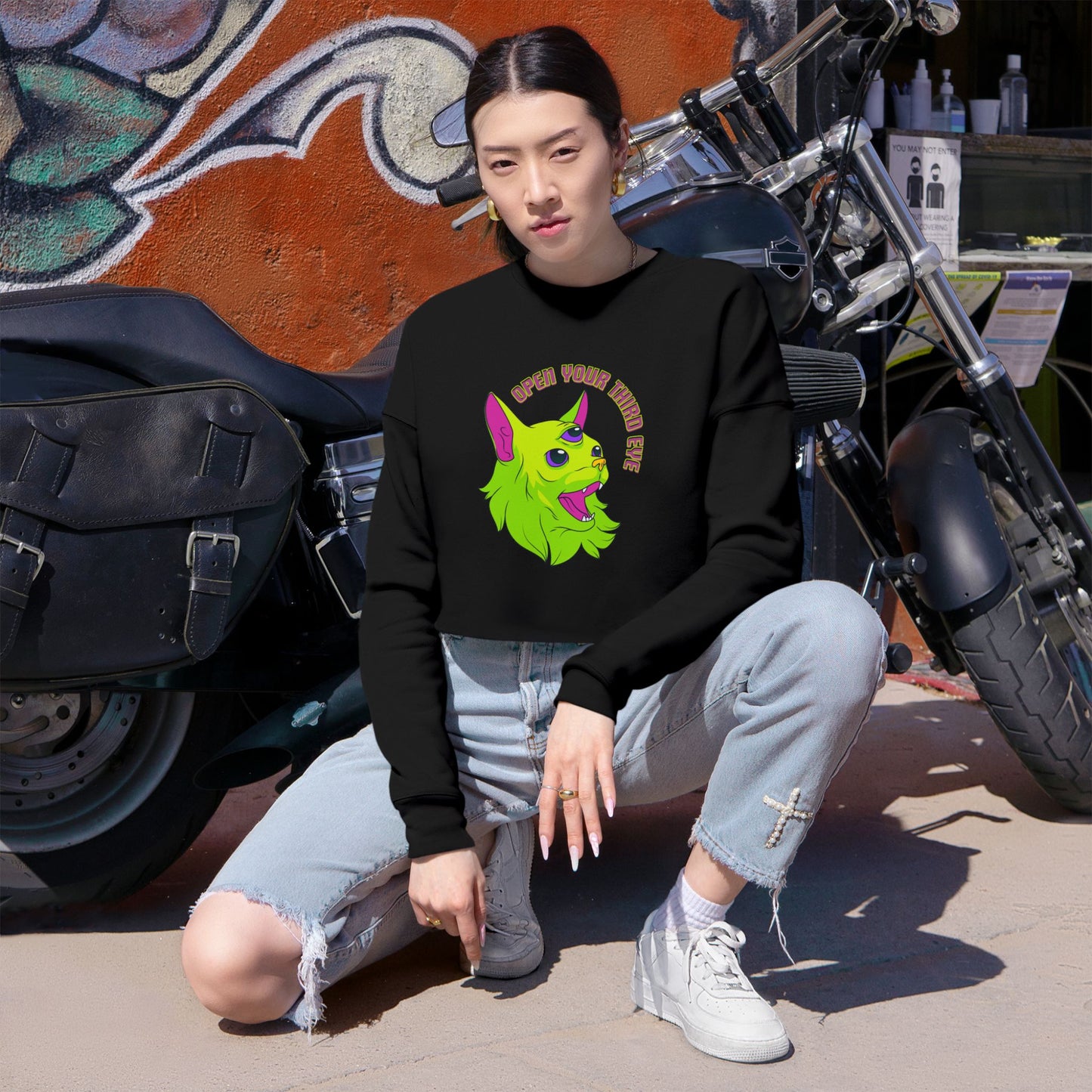 Open Your Third Eye - Alien Cat Cropped Long Sleeve Tee