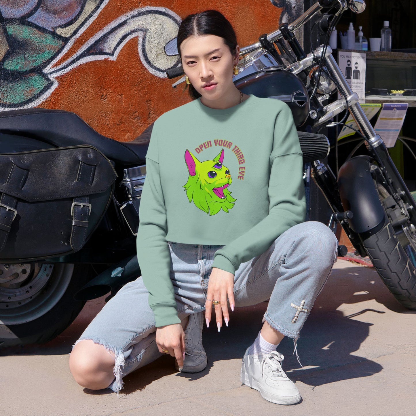 Open Your Third Eye - Alien Cat Cropped Long Sleeve Tee