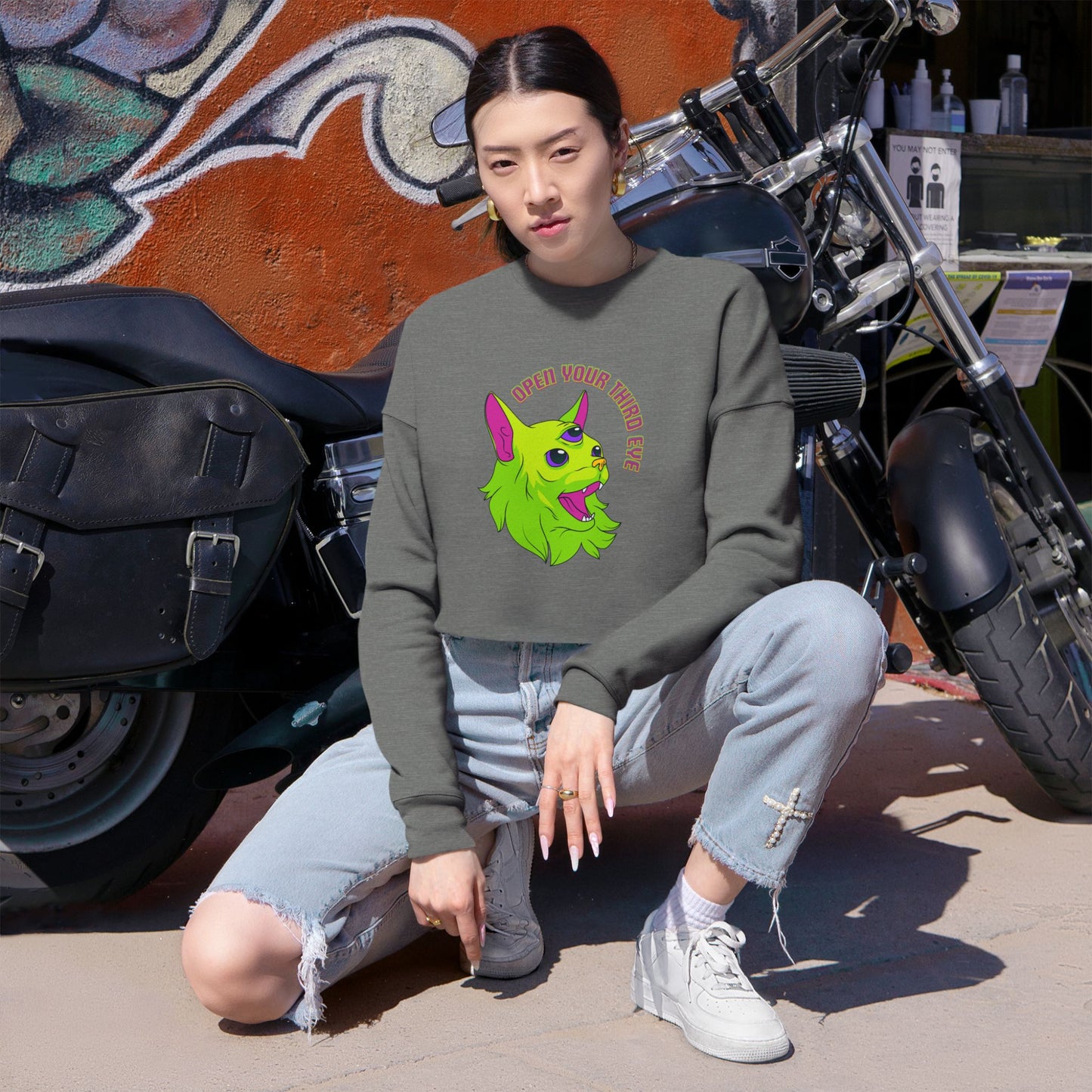 Open Your Third Eye - Alien Cat Cropped Long Sleeve Tee