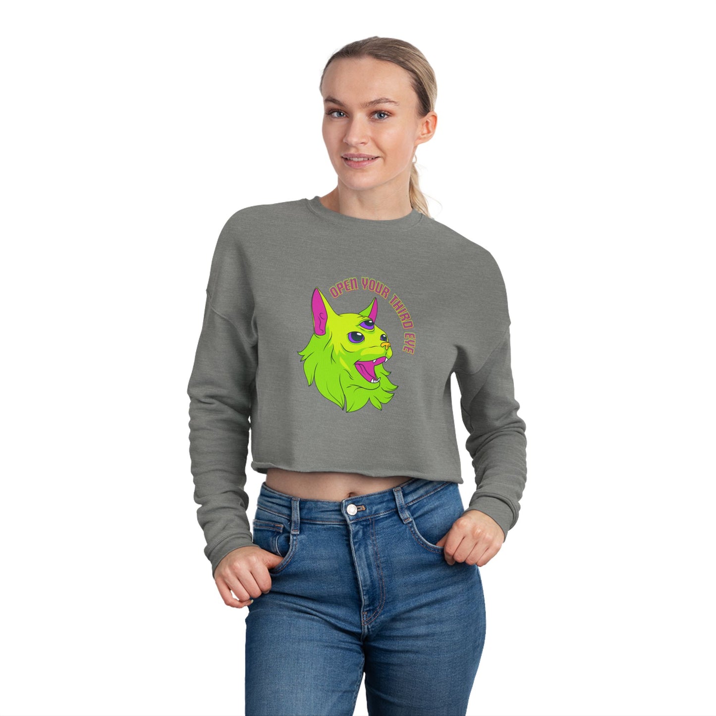 Open Your Third Eye - Alien Cat Cropped Long Sleeve Tee