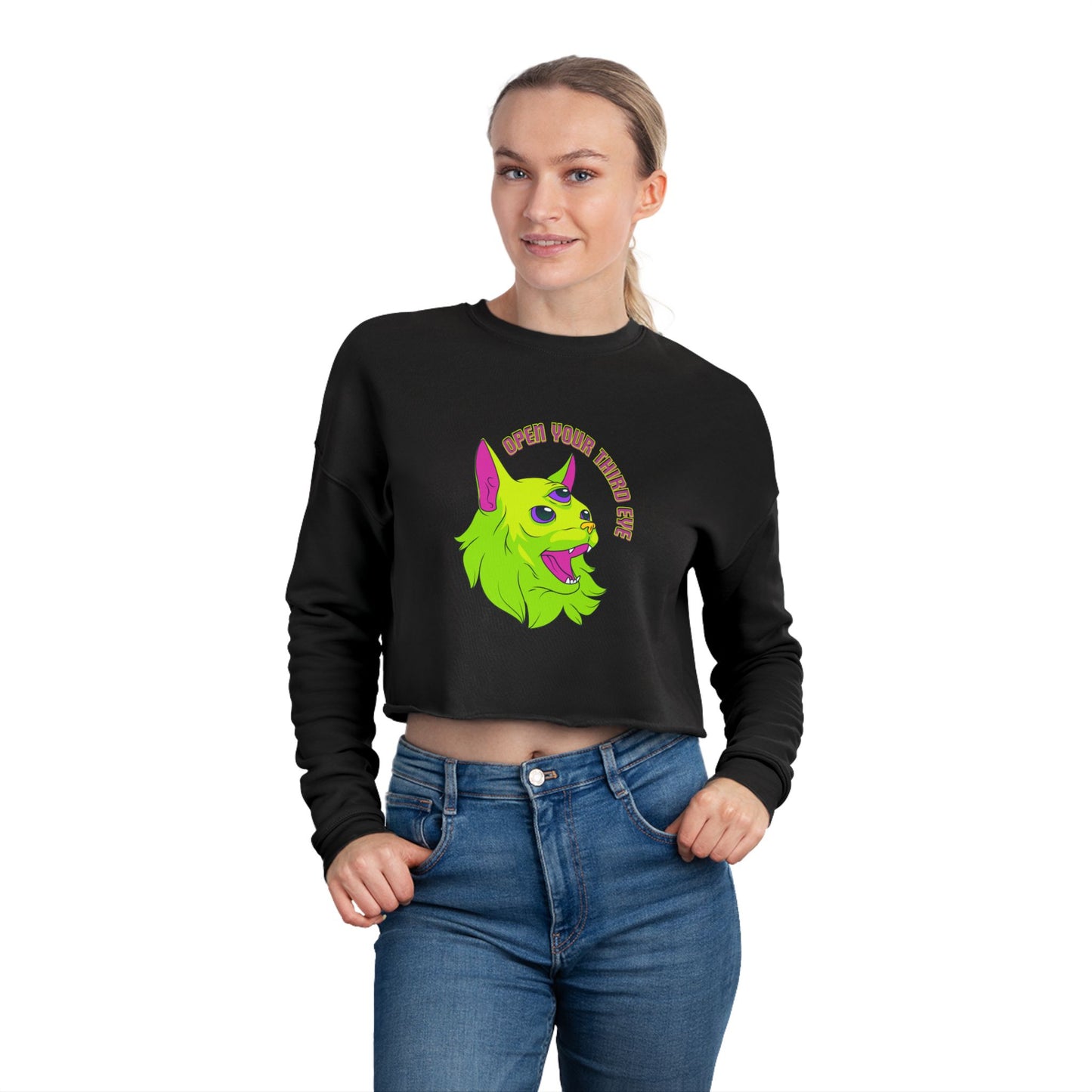 Open Your Third Eye - Alien Cat Cropped Long Sleeve Tee